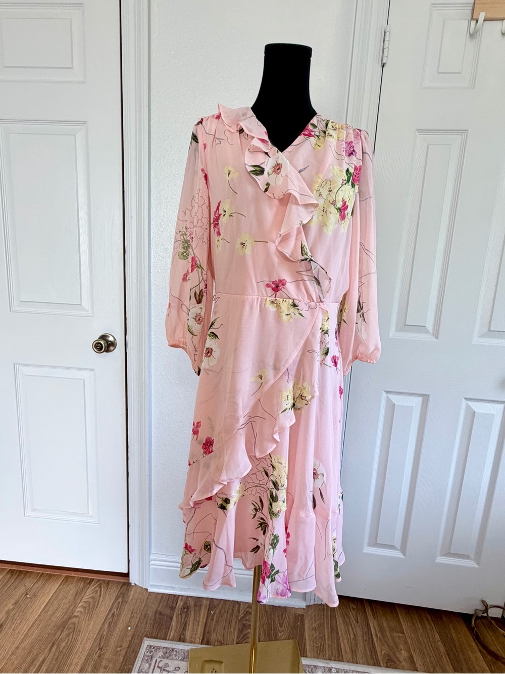 Julia Taylor Floral Faux Wrap Midi Dress 14 Ruffle Long Sleeve Wedding Guest